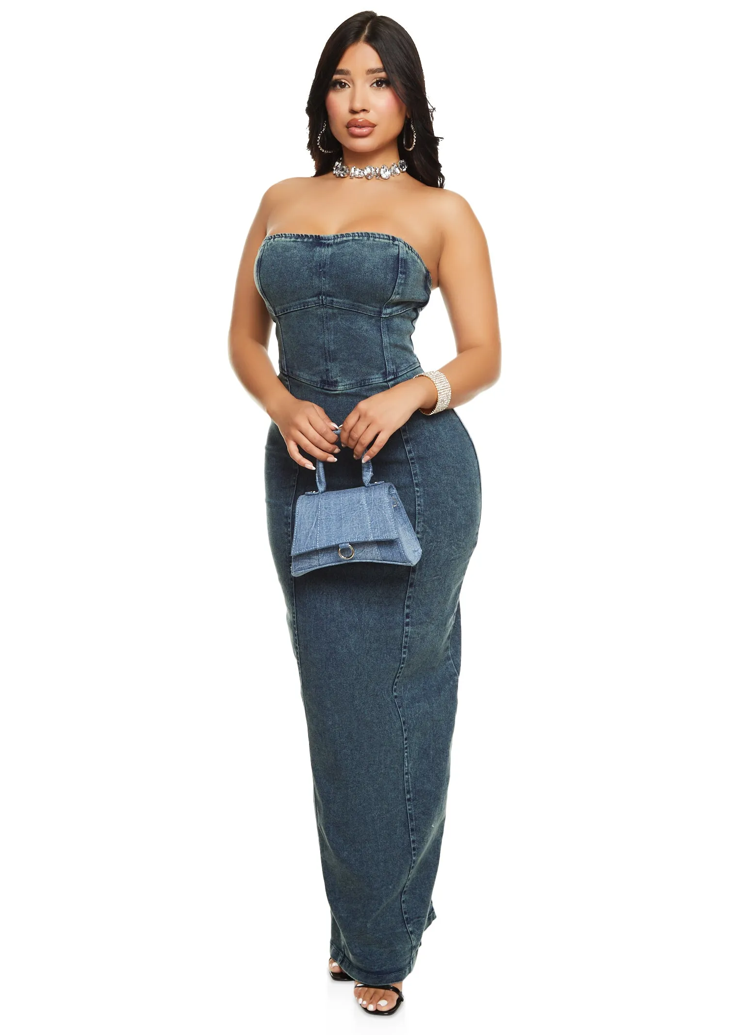 Acid Wash Bandeau Denim Maxi Dress