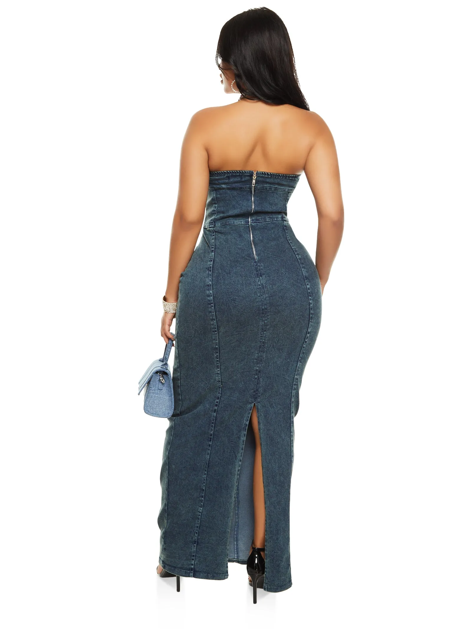 Acid Wash Bandeau Denim Maxi Dress