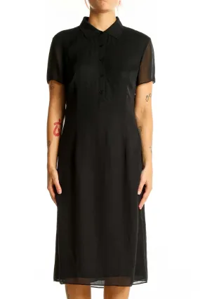 Black Polyester Shirt Dress with Collar