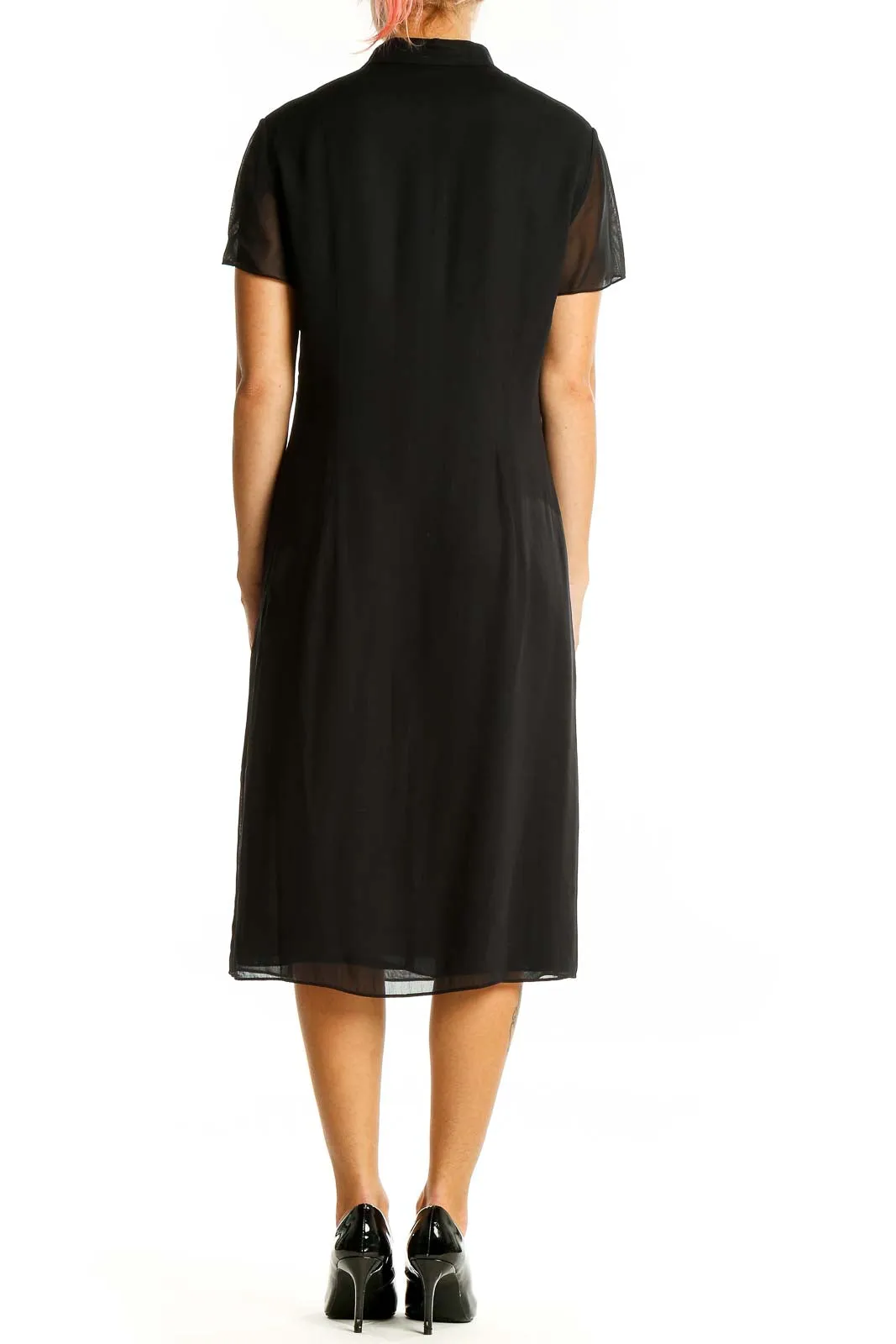Black Polyester Shirt Dress with Collar