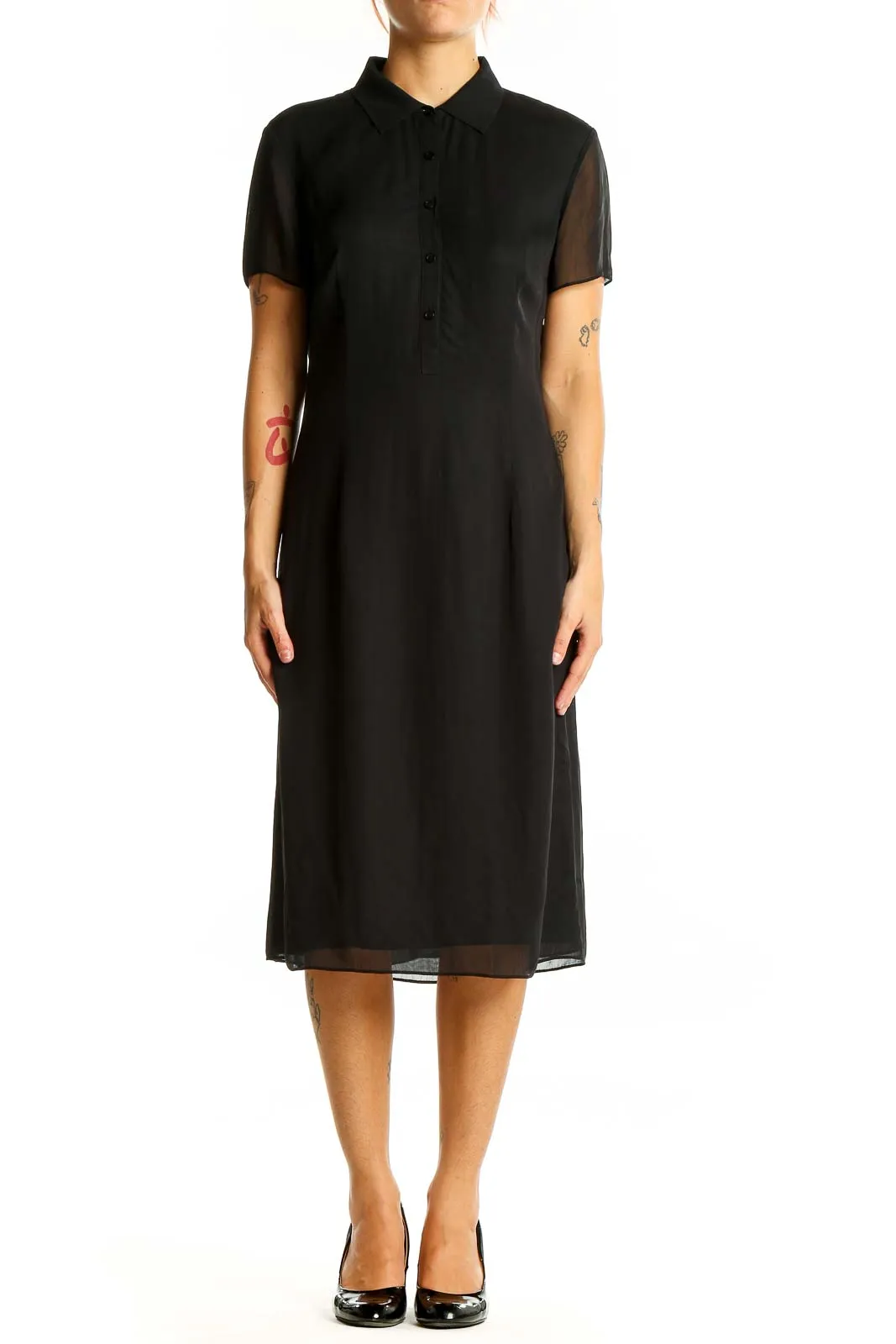 Black Polyester Shirt Dress with Collar