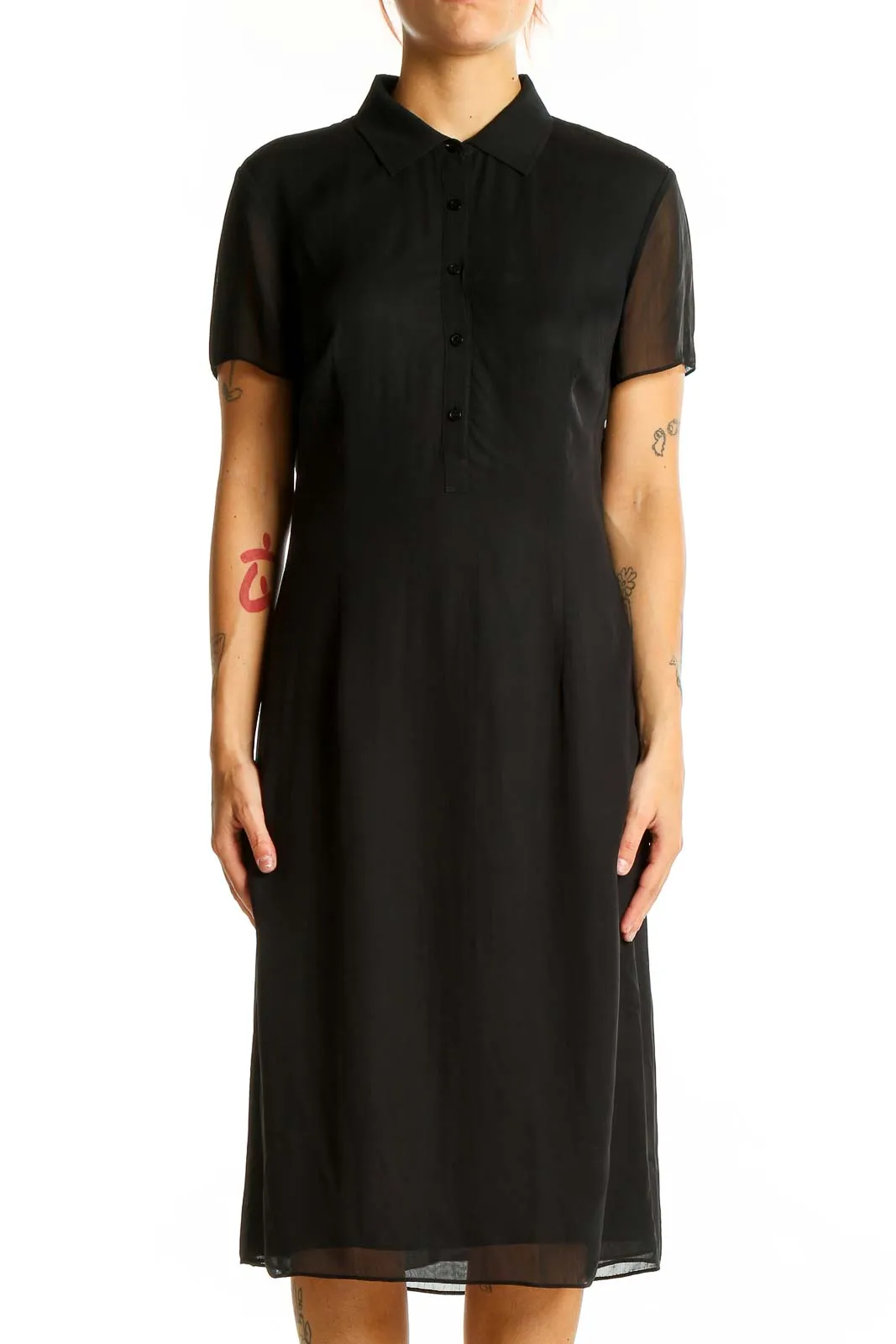 Black Polyester Shirt Dress with Collar
