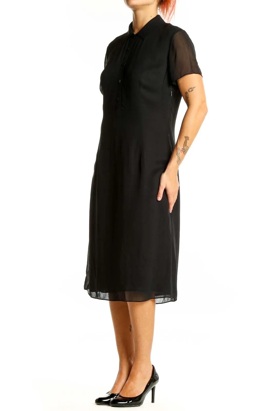 Black Polyester Shirt Dress with Collar