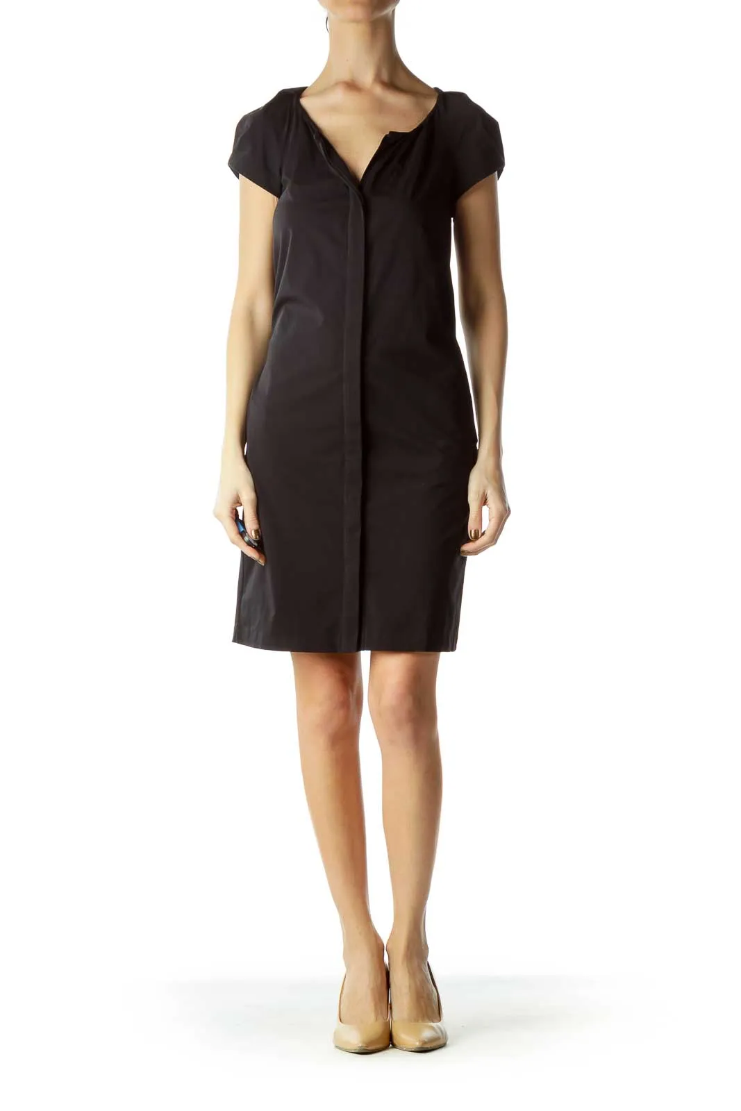 Black Short-Sleeve Pocketed Shirt Dress