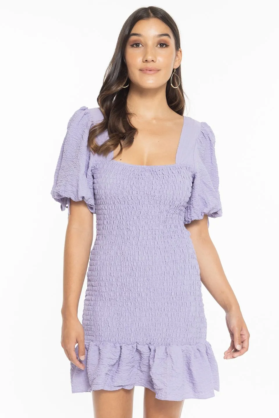 Harper Lilac Square Neck Shirred SS Mini Dress