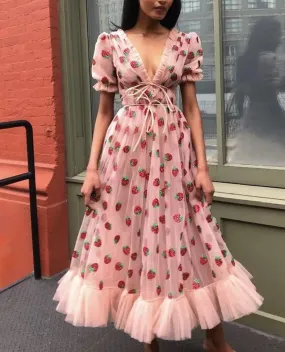 Princess Strawberry Sequin Mesh Embroidery Lace-Up Puff Sleeve V-Neck Elastic Waist Fairy Summer Chic Dress